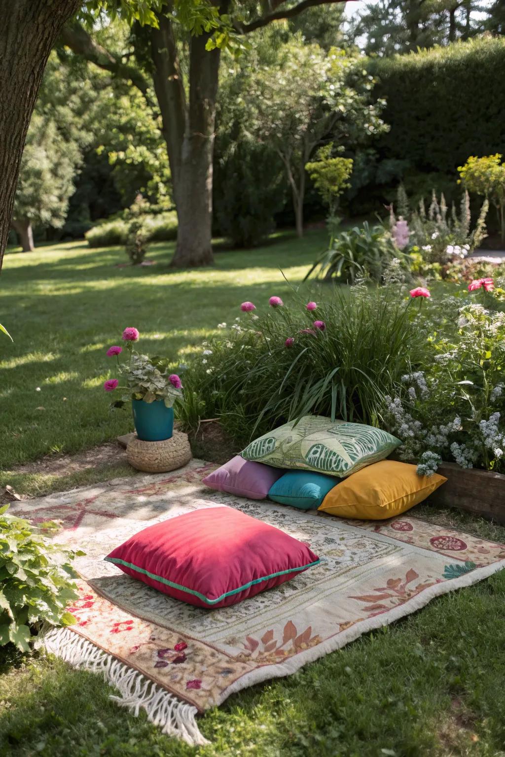 Outdoor mats and cushions fashion a snug and welcoming seating space.