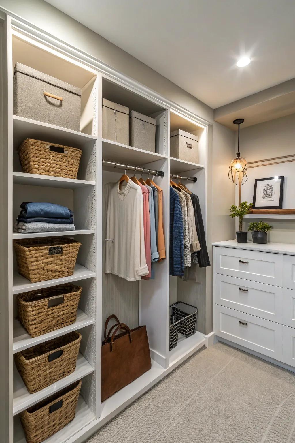 A shared closet making use of every alcove with clever storage solutions.