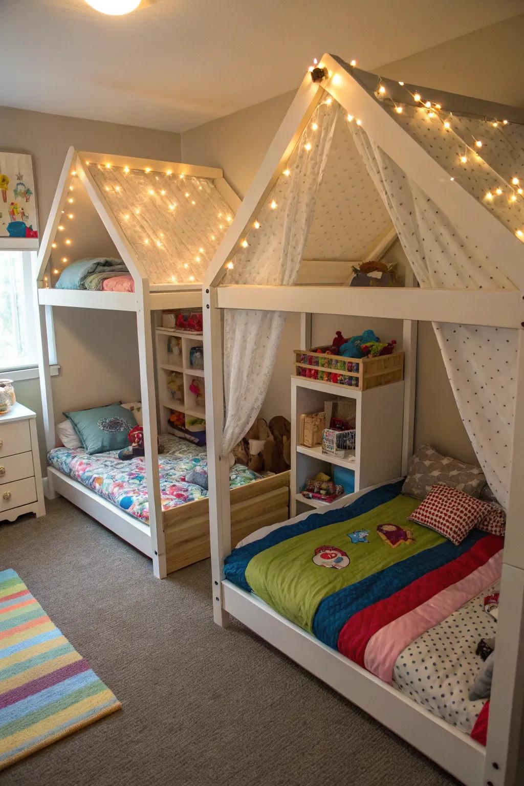 House beds offer privacy and charm in shared spaces.