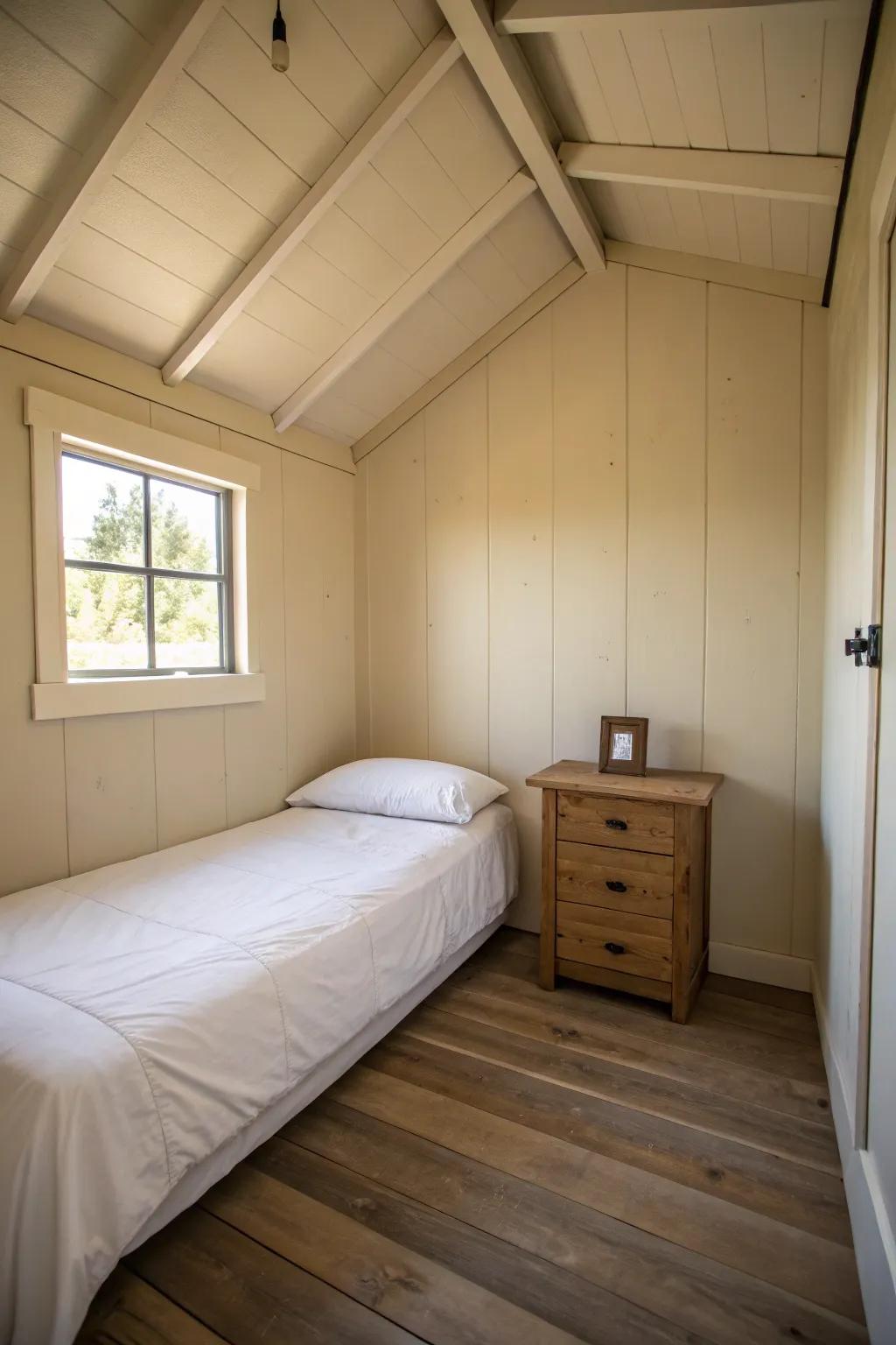 Simple design creates a clean and tranquil shed bedroom.