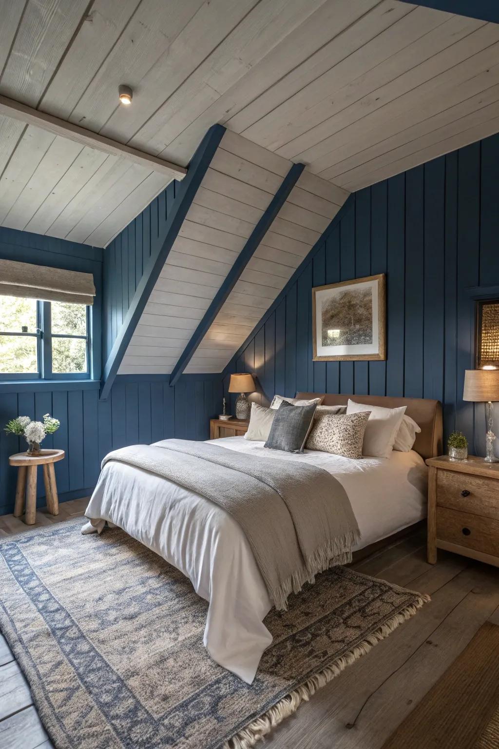 A soothing deep blue shed ceiling in a cozy bedroom.