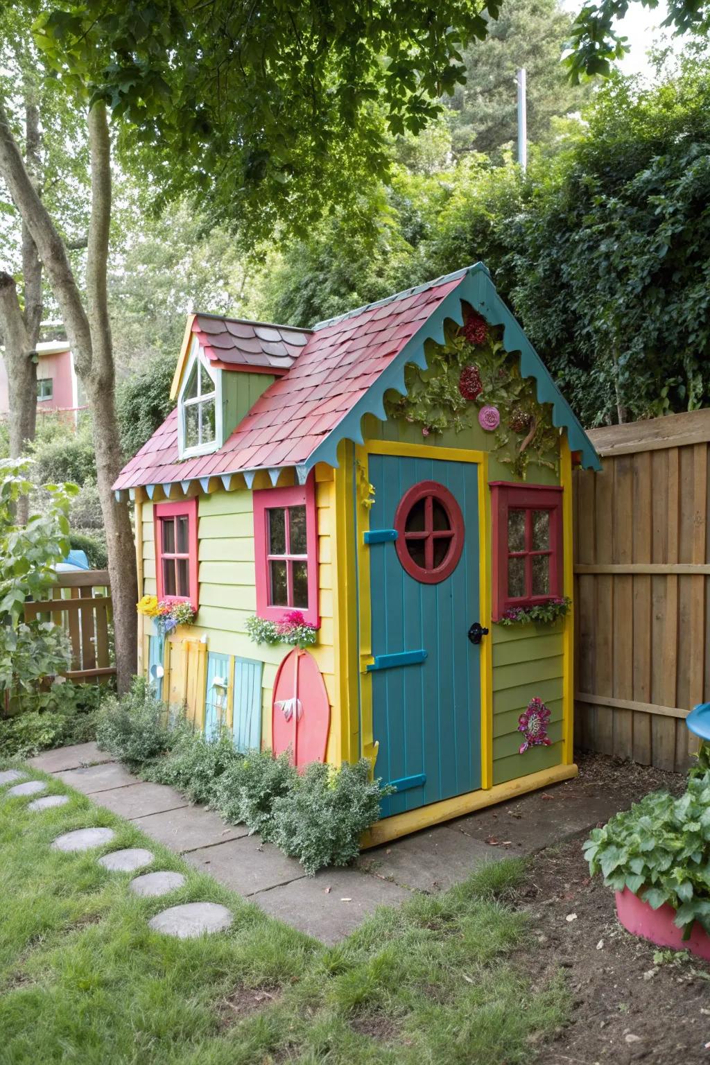 A garden shed conceptualized as a playful playhouse for children.