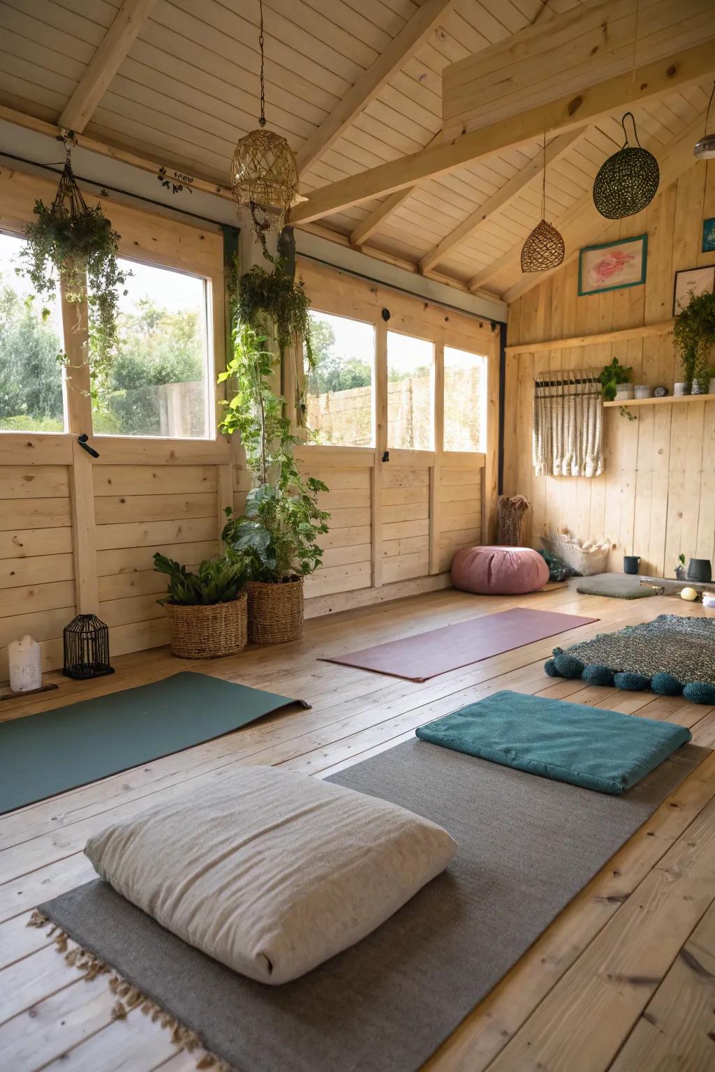 A shed designed as a peaceful yoga and meditation retreat.