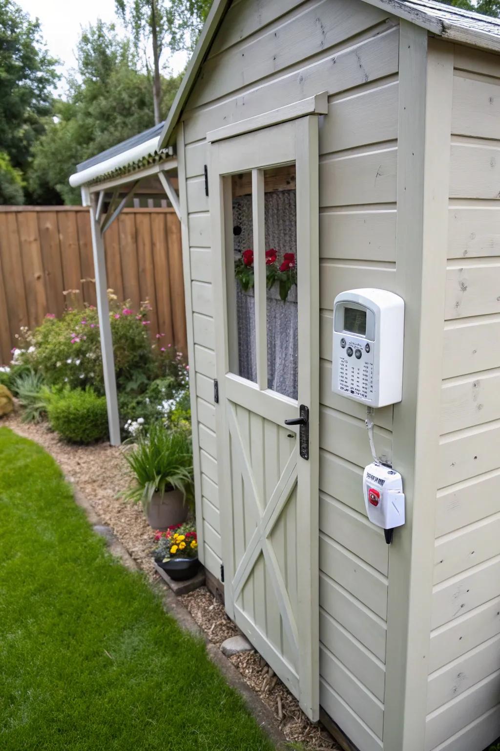 A shed security siren activates, loudly deterring intruders.