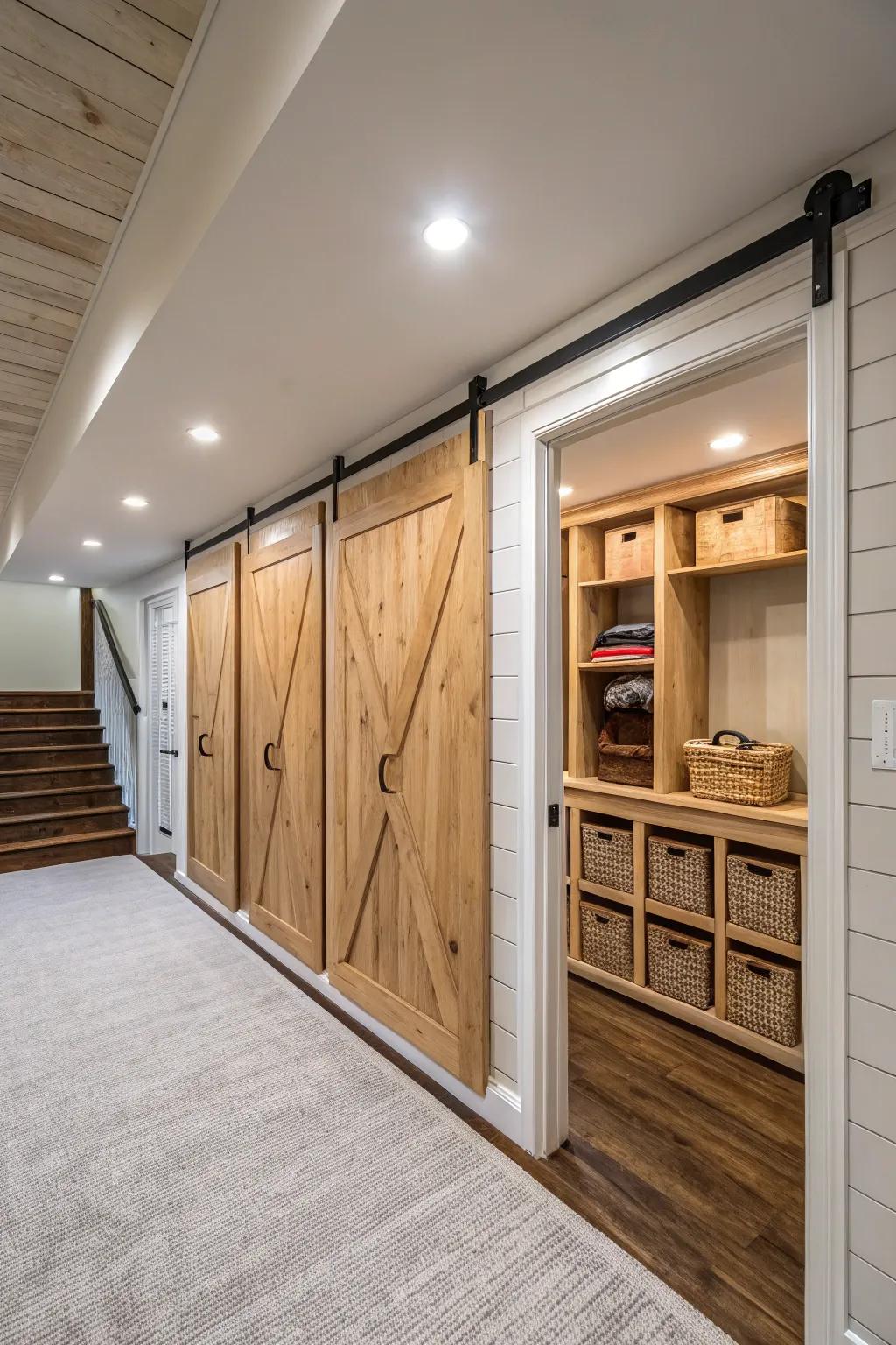 A basement with groove paneling walls featuring hidden storage solutions.