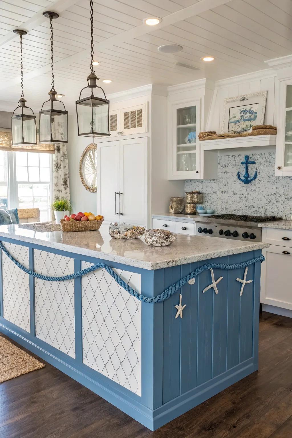 Coastal impressions with a horizontal panel island in calming blue shades.