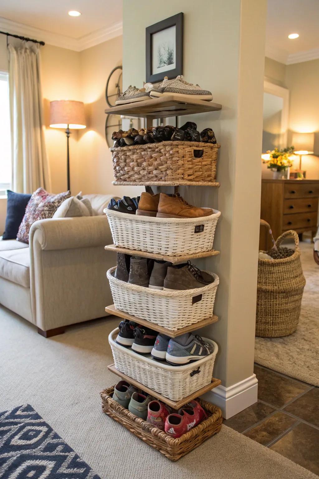 Basket towers provide a chic and practical solution for shoe storage.