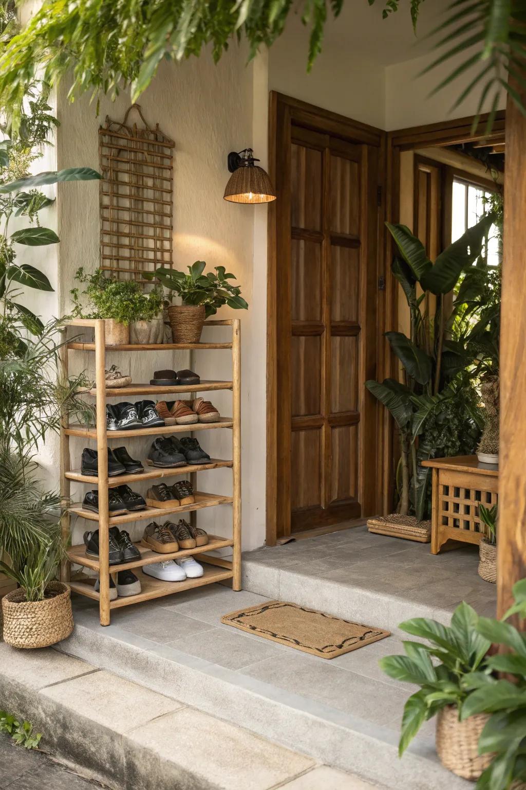 Eco-friendly bamboo racks adding natural elegance to the entryway.