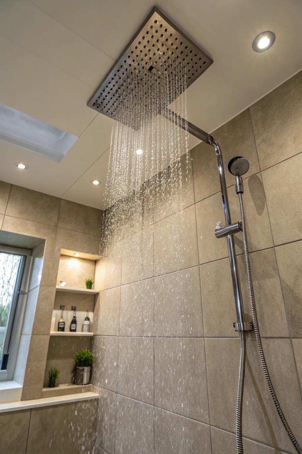 Experience luxury using a ceiling-mounted shower spout.