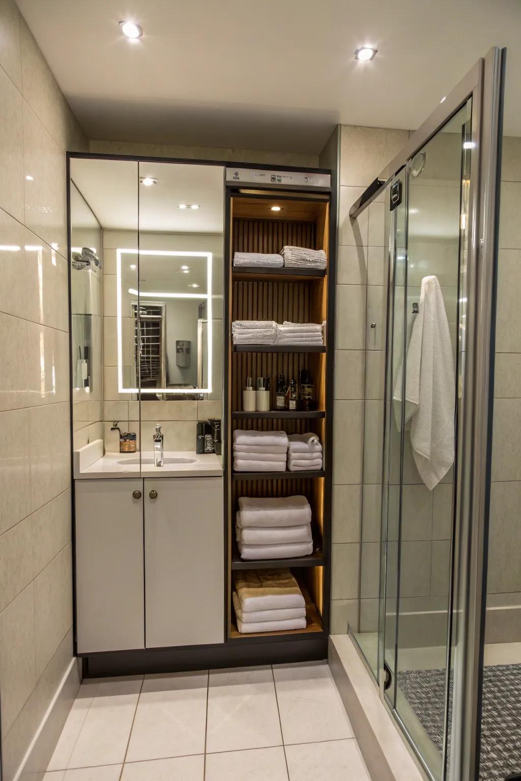 Mirrored storage units merge utility with aesthetic appeal.