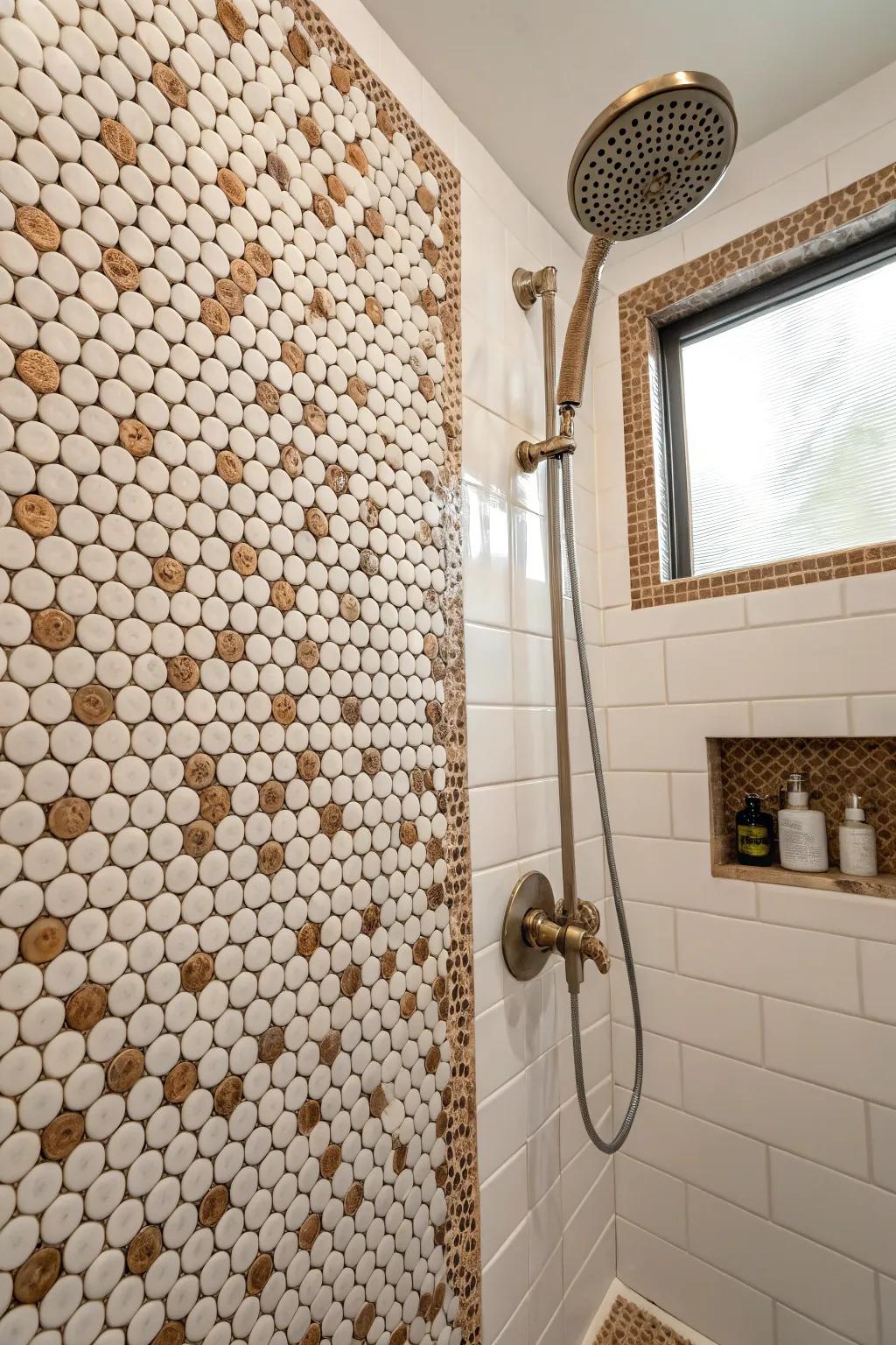 Penny round tiles offer a playful and charming design element.
