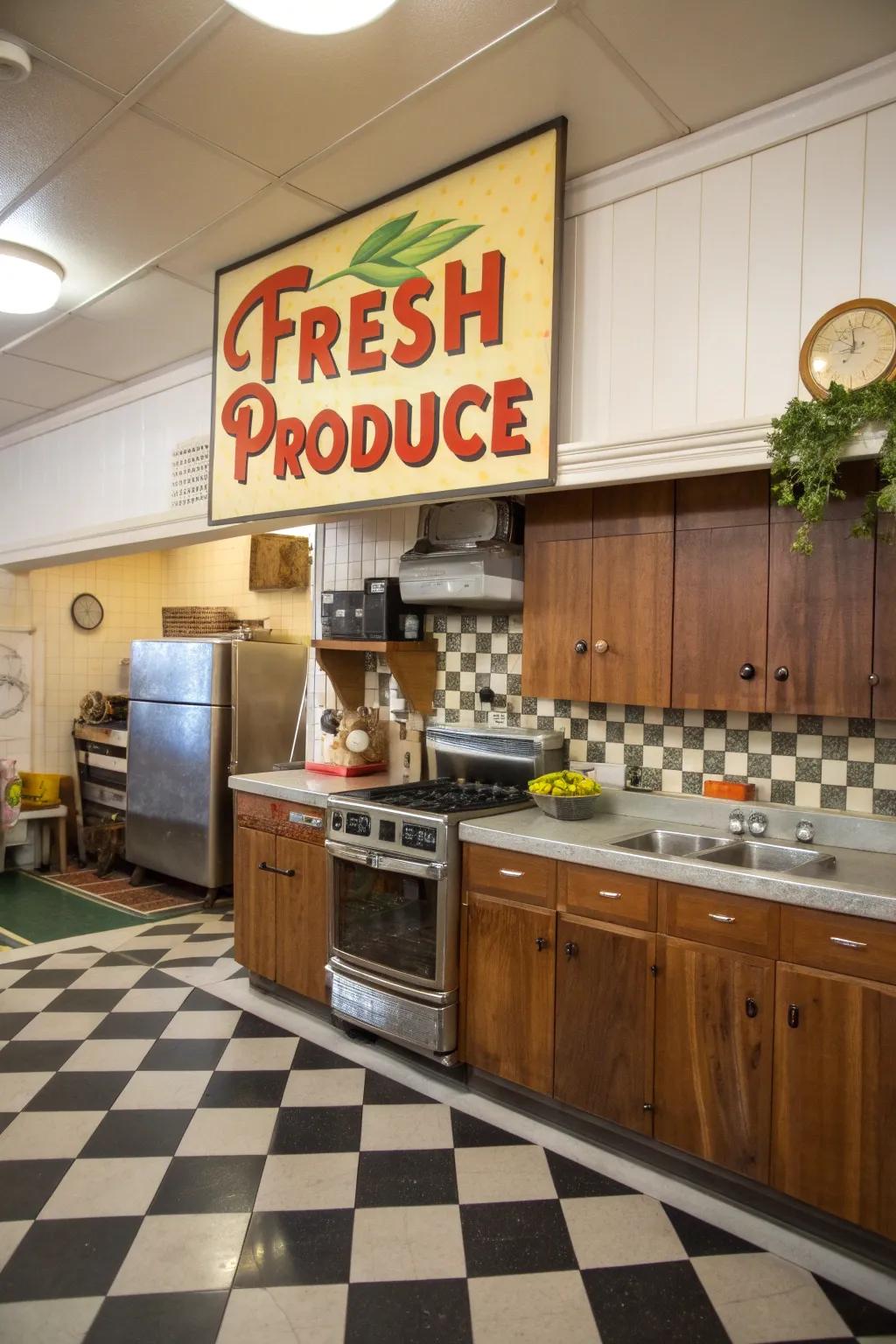 A retro-styled kitchen featuring a vintage 'Fresh Produce' market board.