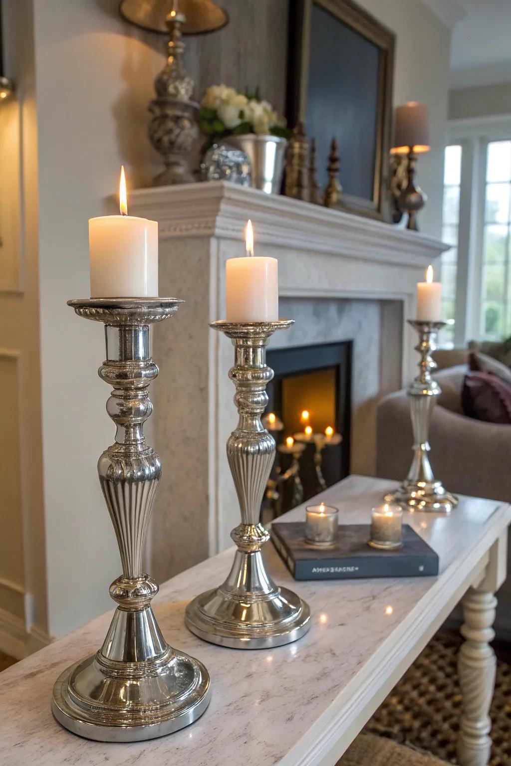 Create a warm ambiance with silver candle holders.