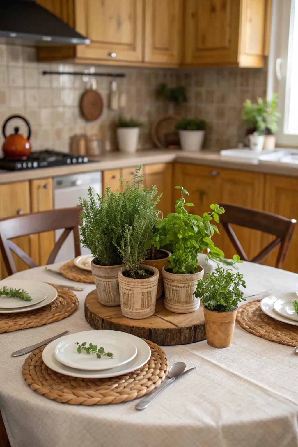 Herbs in down-to-earth containers provide a fragrant and green centerpiece.