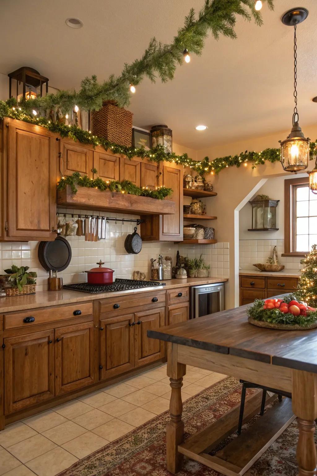 Festoons fashion a celebratory infrastructure within the cooking space.