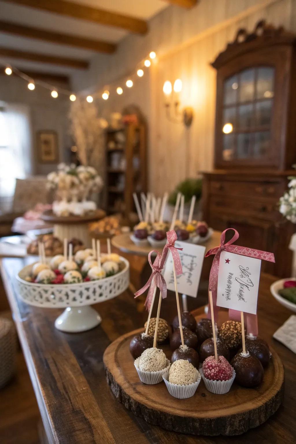 Elegant custom treat labels adding sophistication to each dessert.