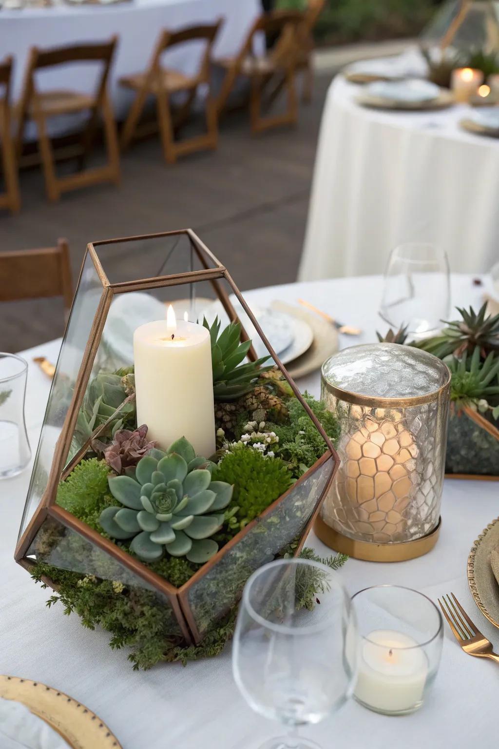 Angled glass boxes add a modern element to the design.
