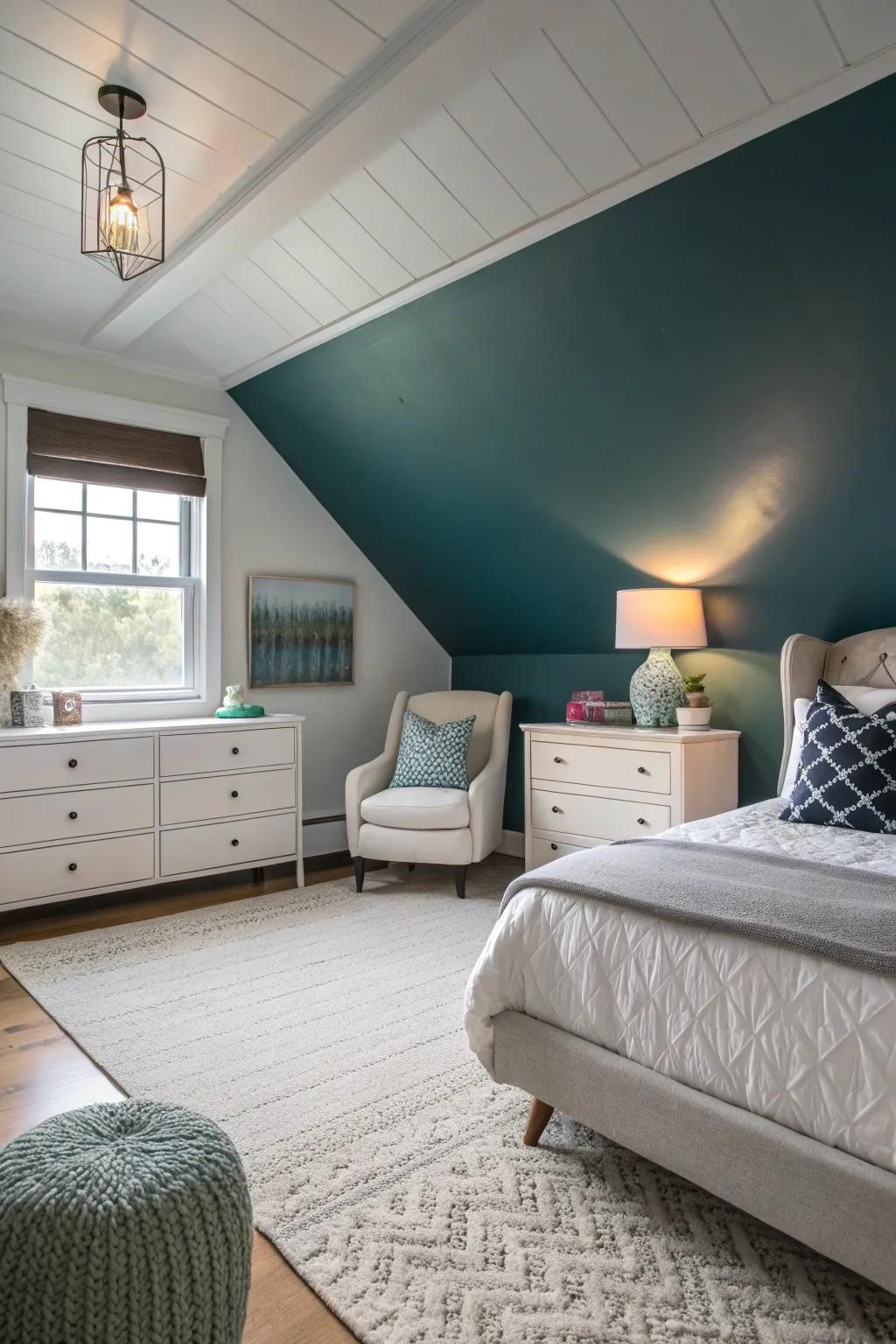 In this elegant bedroom, gradient painting gives the stunning impression of height and space.