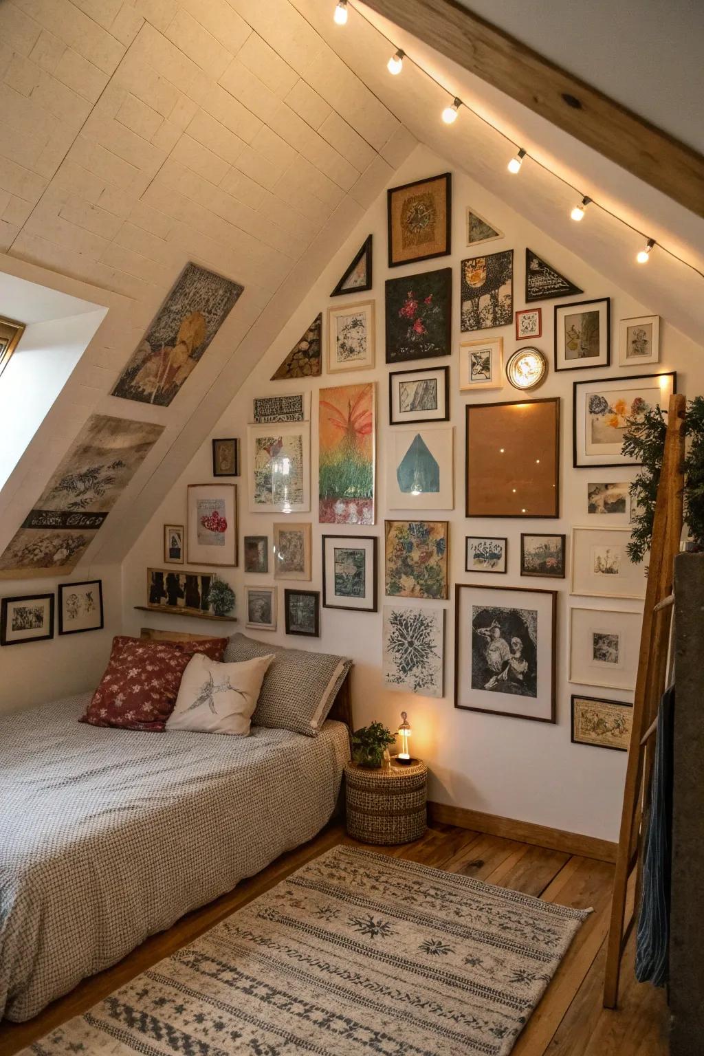 A feature wall in an attic bedroom adds personal style.