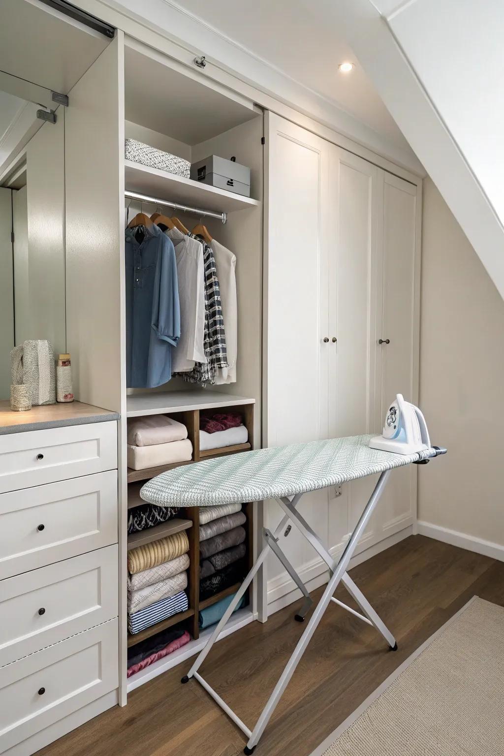 A hidden ironing station keeps functionality at hand.