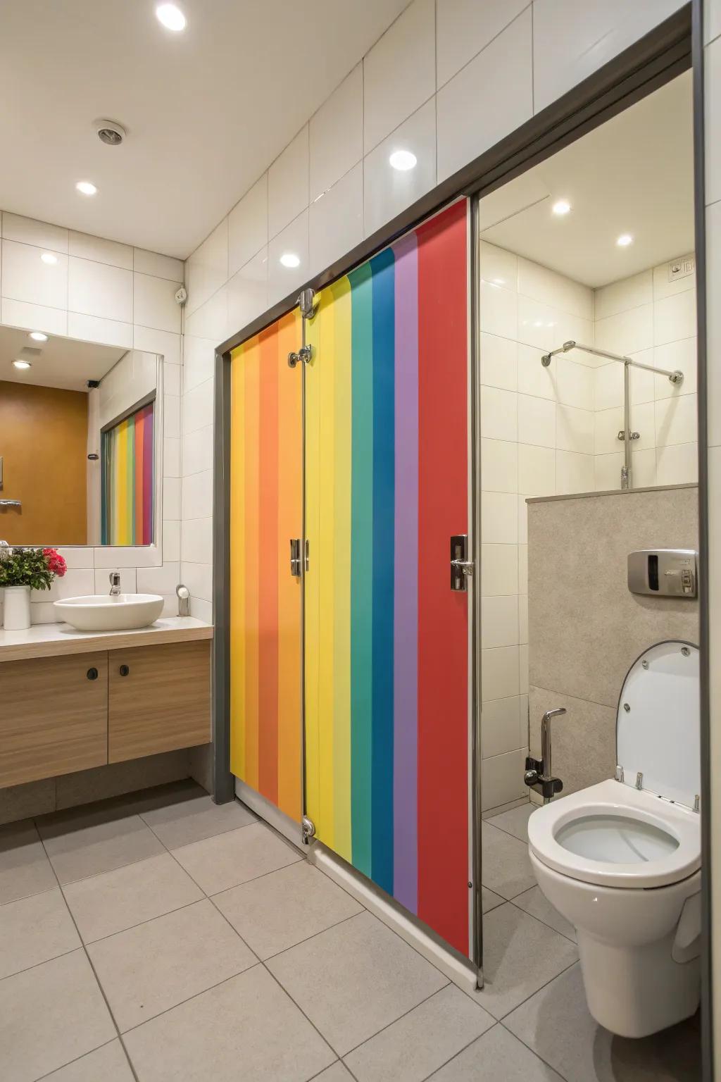 This bathroom gets a lively and colorful touch thanks to the colorful sliding door.