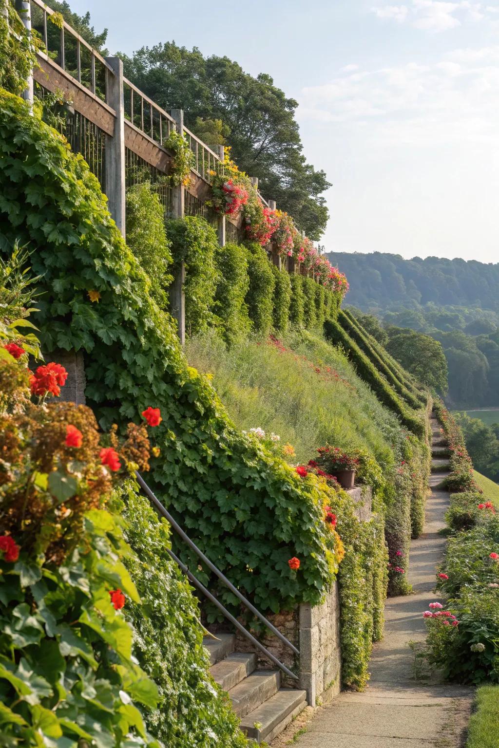 Skyward gardens contribute an innovative touch to this sloping zone.