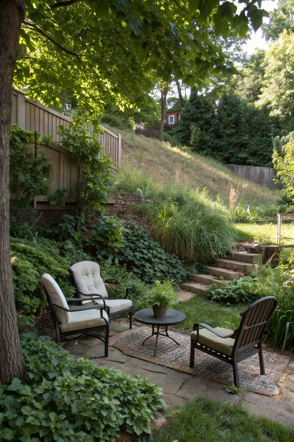 A cozy area for relaxation in the midst of the garden.