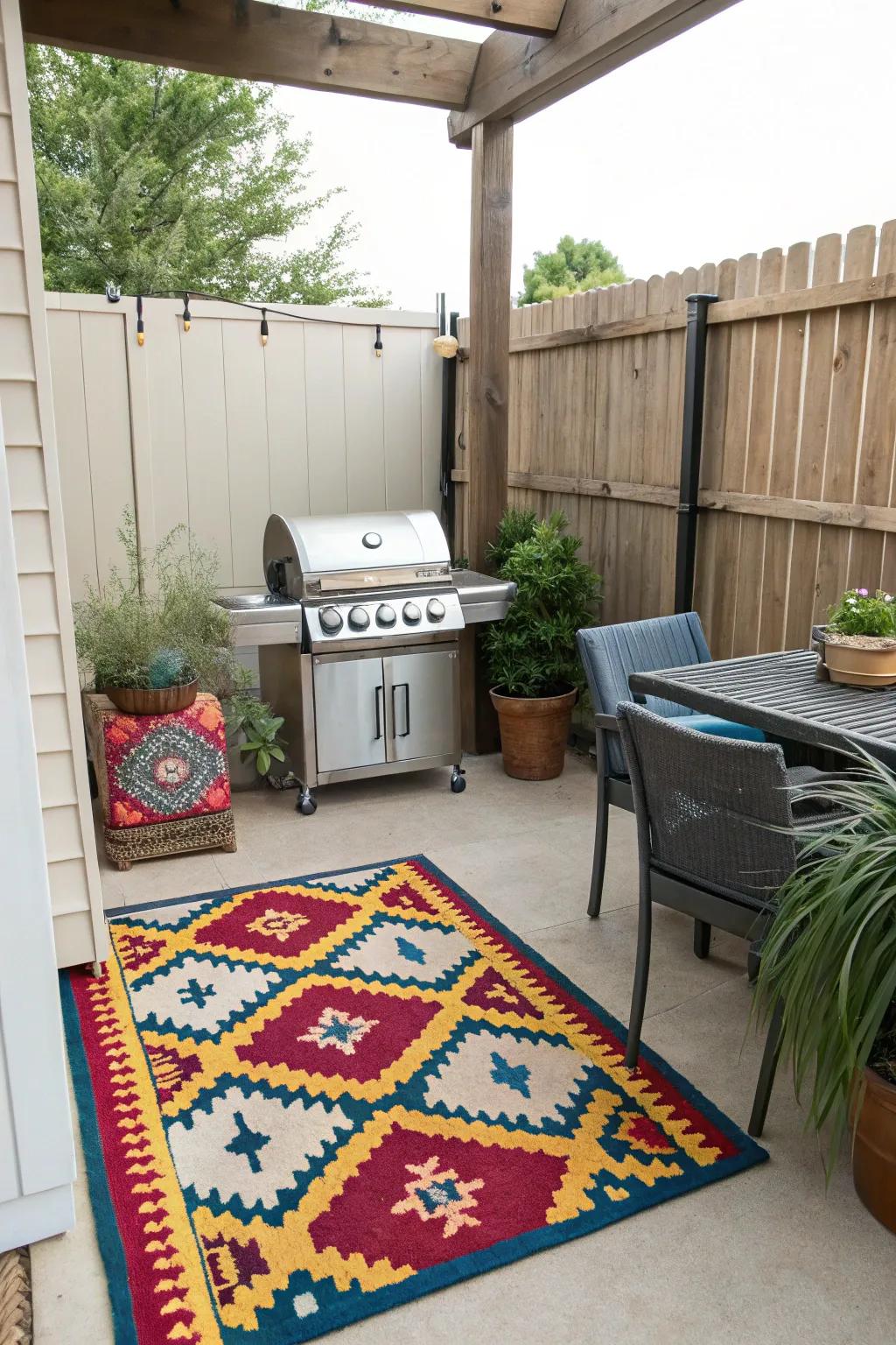 A bright outdoor rug enhances the appeal of a small patio.