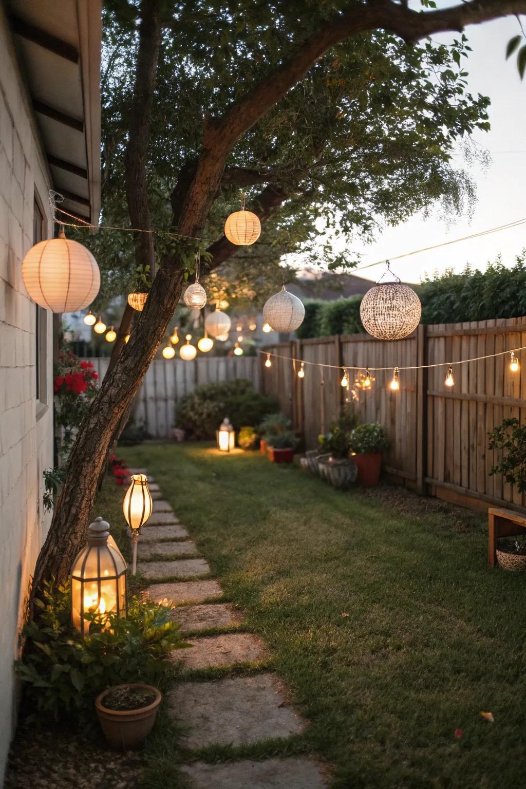 Beautiful lights creating a cozy glow in the backyard
