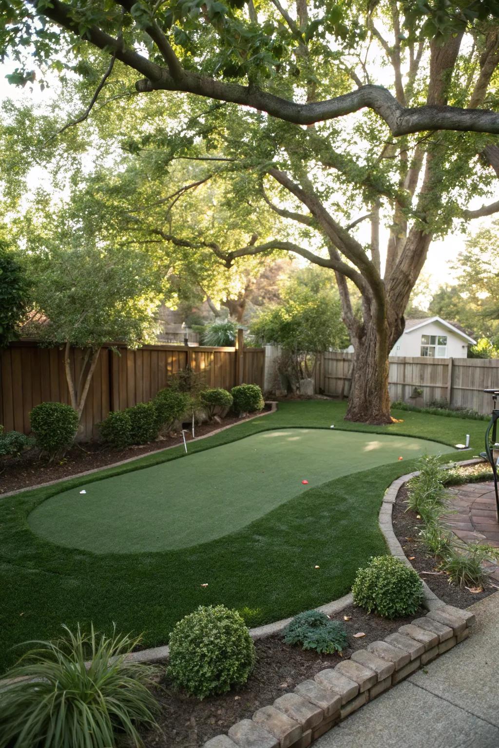 A shaded putting green for comfort and style in a backyard.