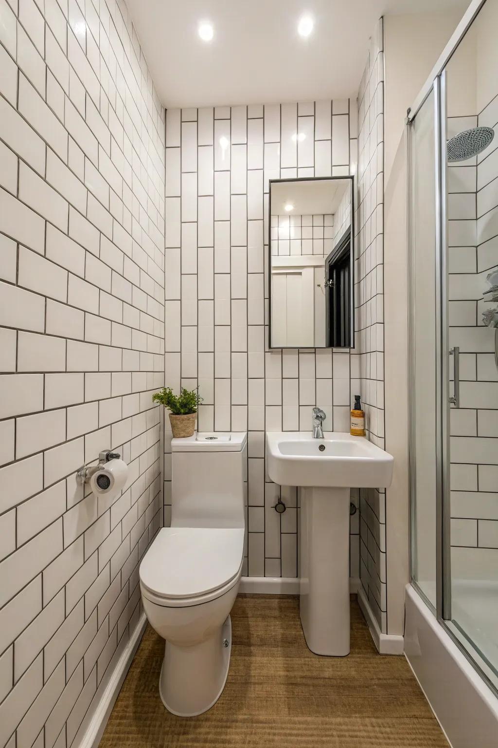 Upright tile arrangement enhances the perception of ceiling height.