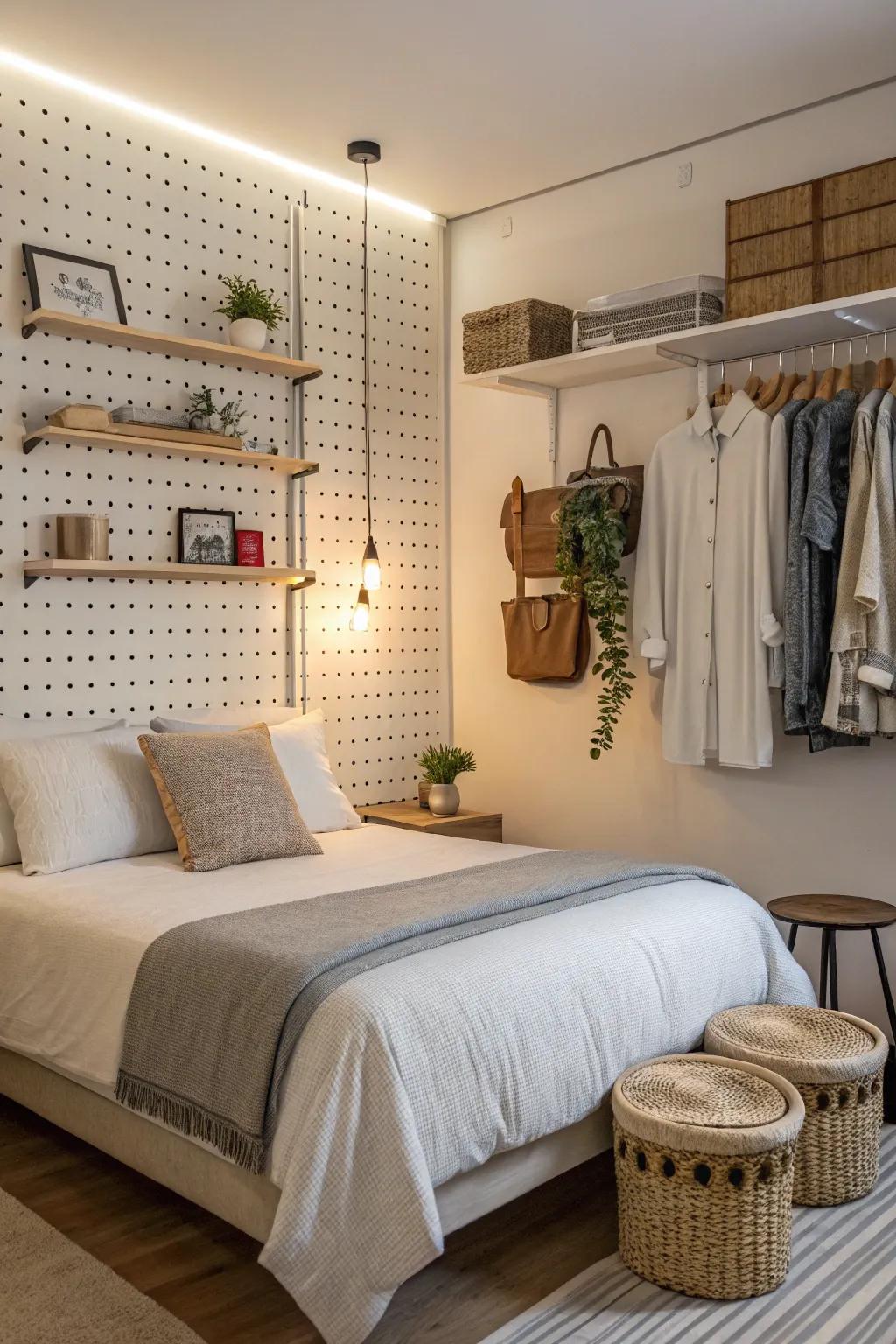 A minimalist pegboard provides flexible bedside storage.