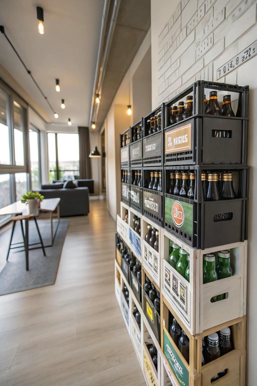 Space-saving wall-mounted crate beverage display.