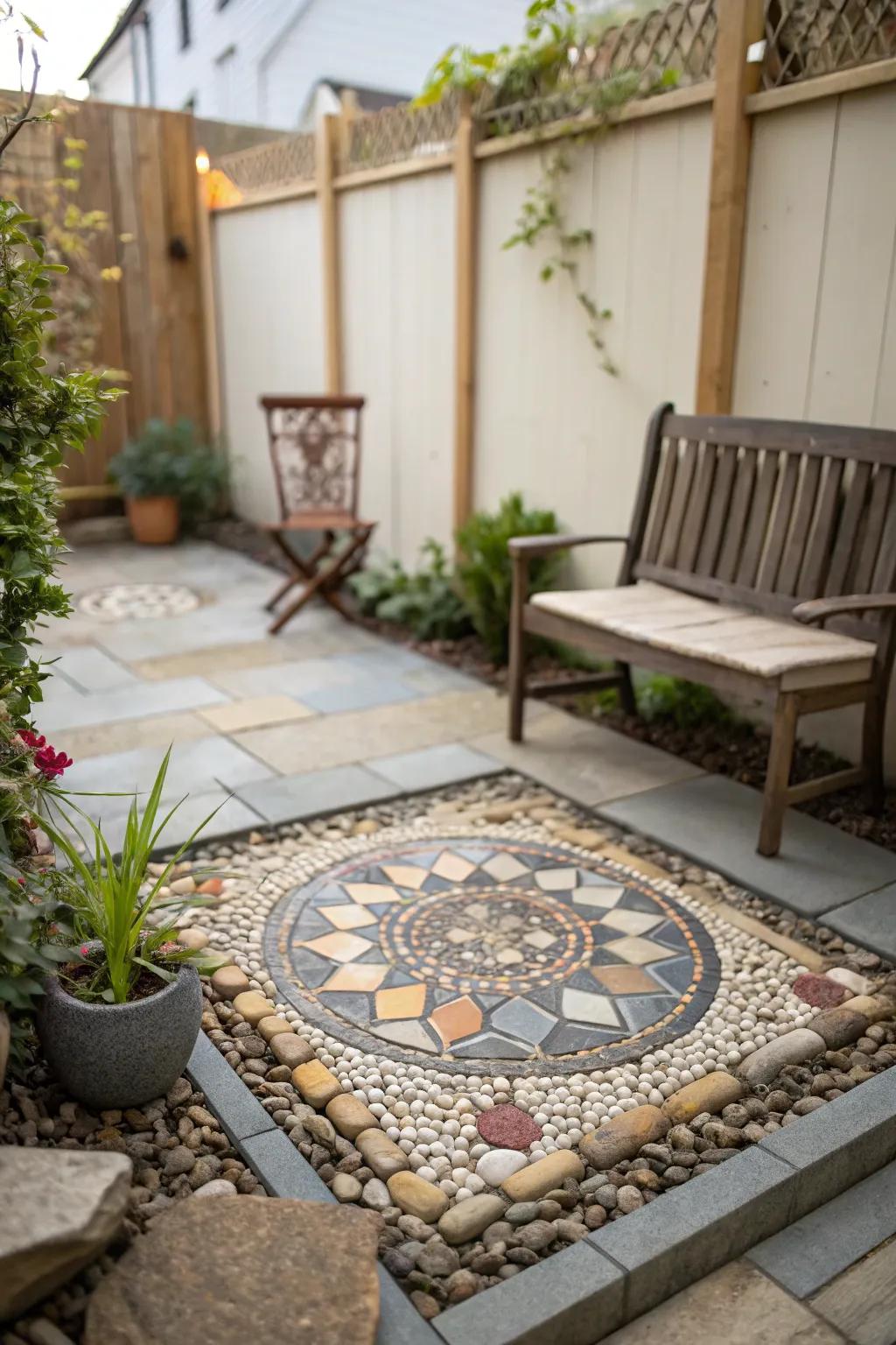 Mosaic designs contribute an artistic touch to smaller patios.