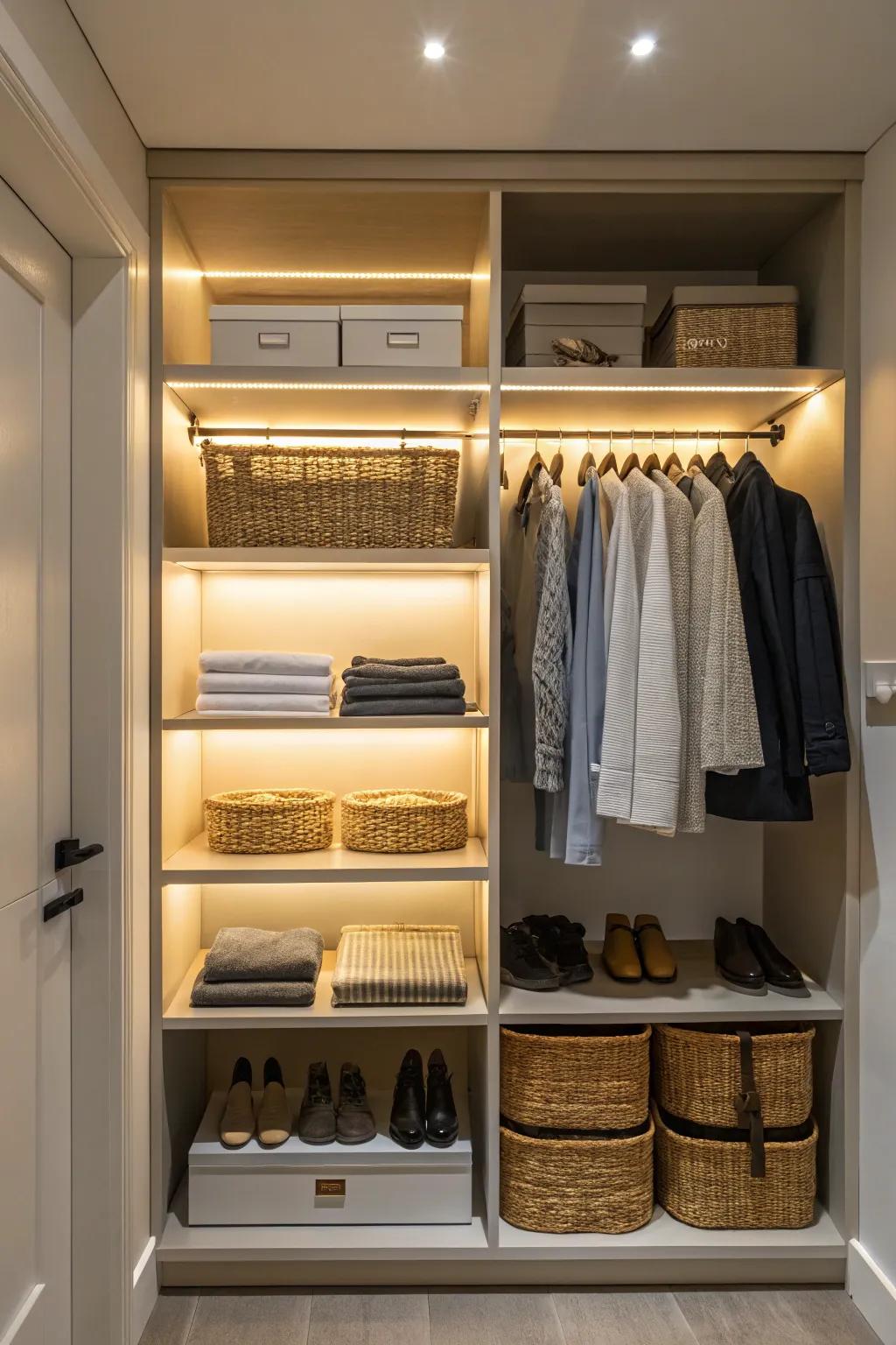 Under-shelf lighting brightens storage spots.