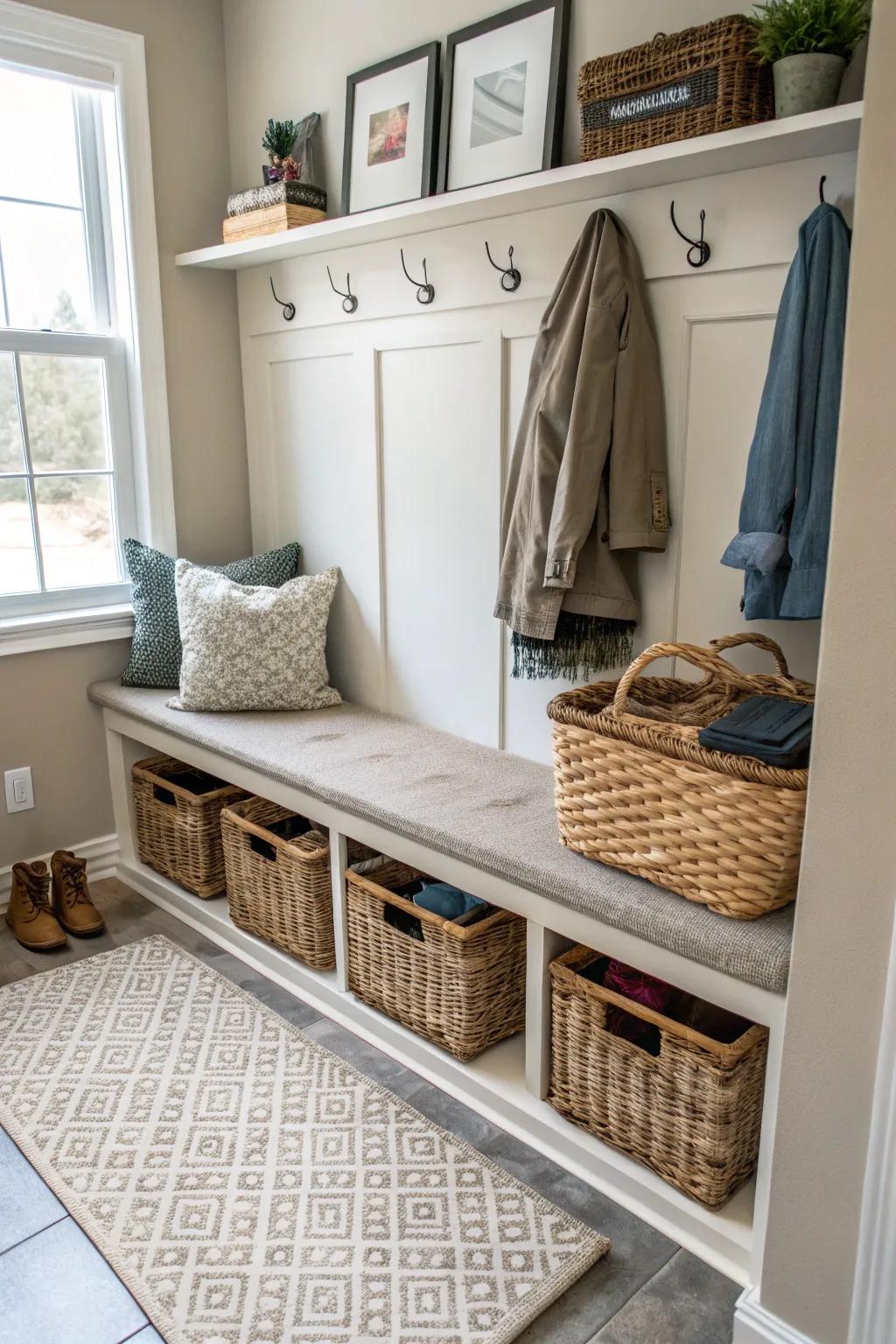 Woven containers enhance warmth and organization.