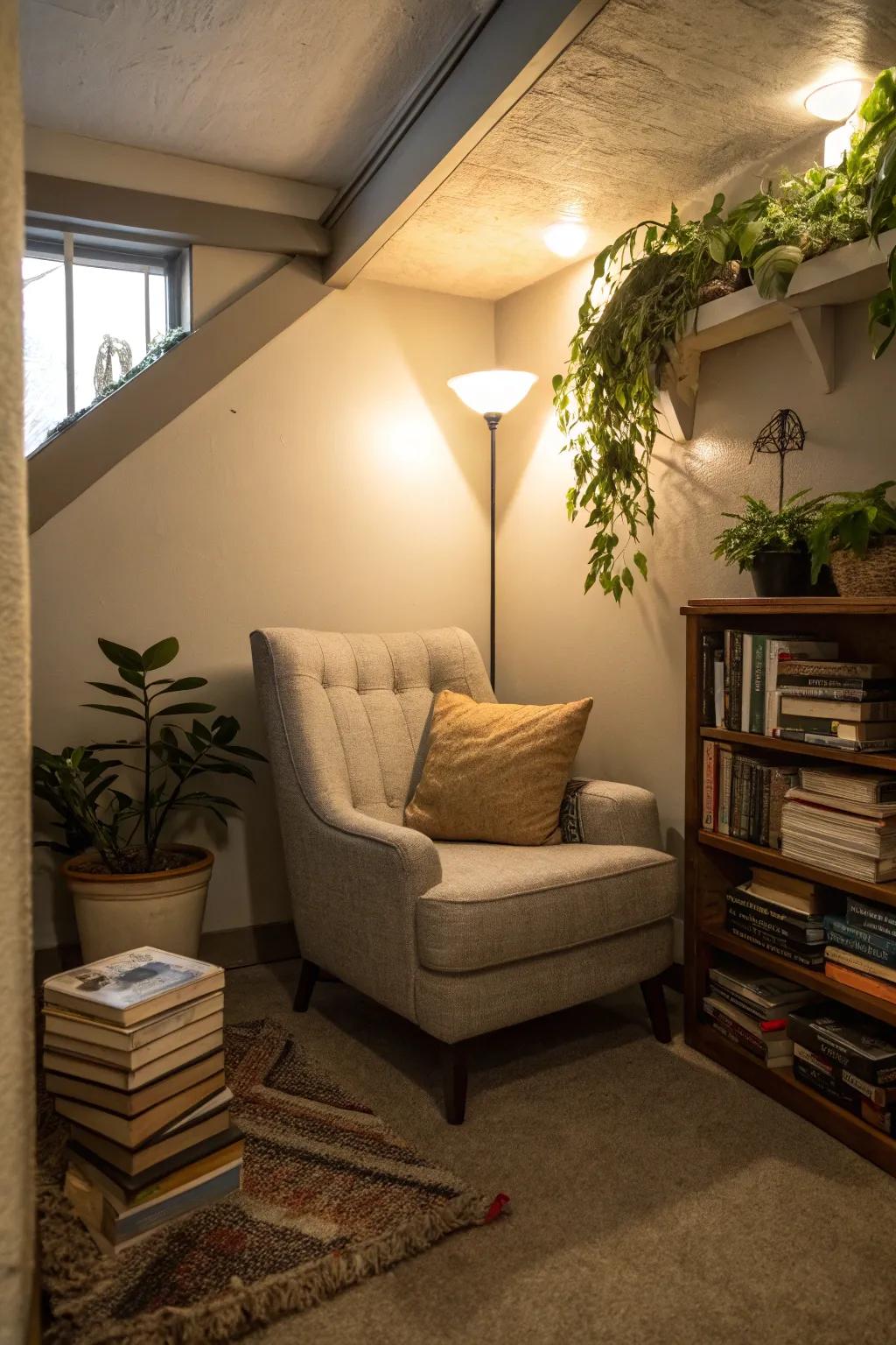 Design a peaceful retreat with a welcoming reading corner.