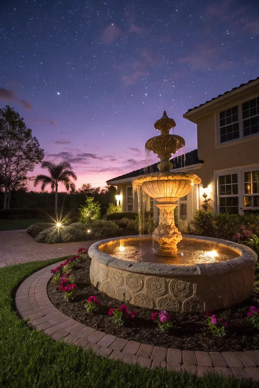 LED lights turn a fountain into a nighttime spectacle.