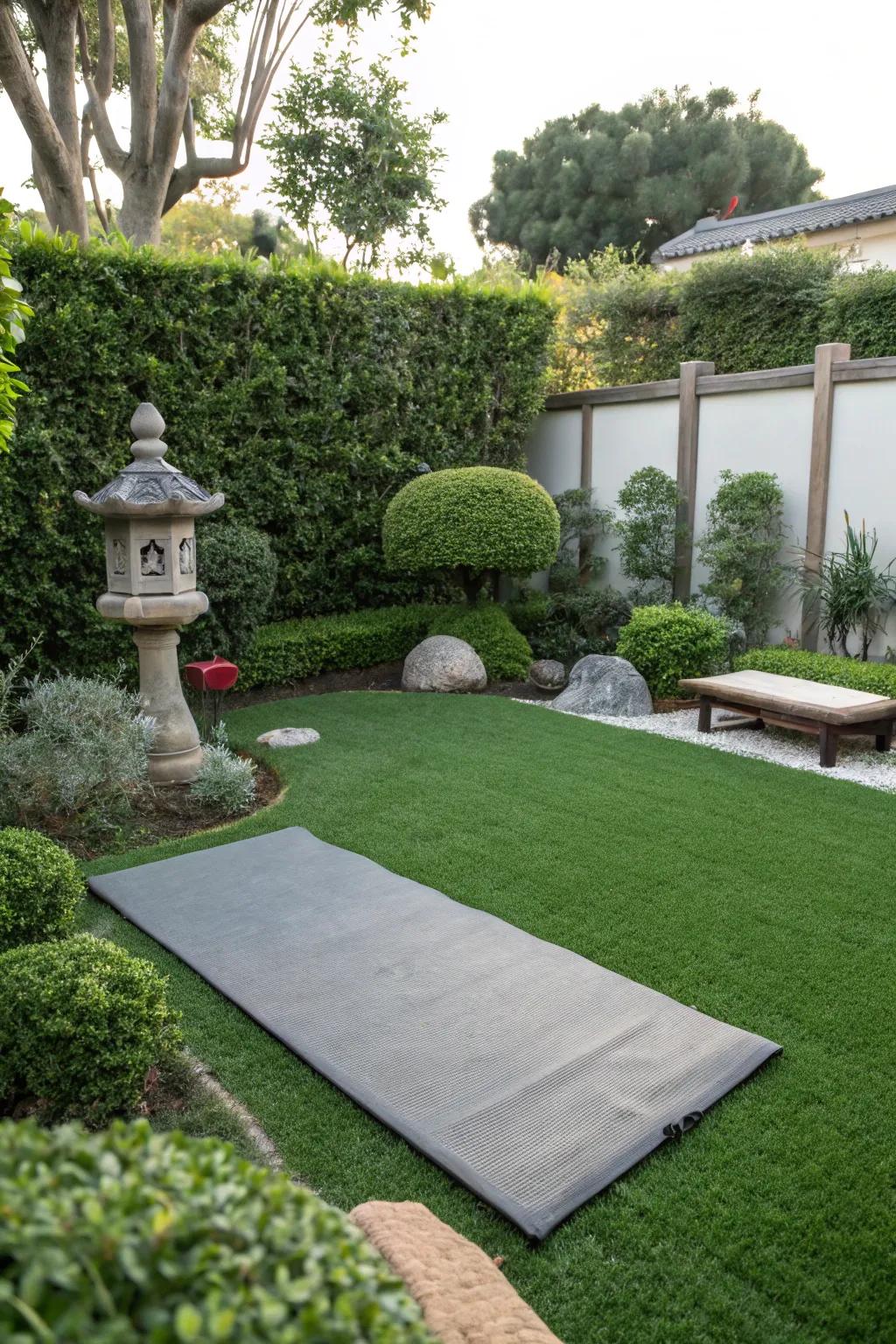 A serene meditation spot using synthetic turf.
