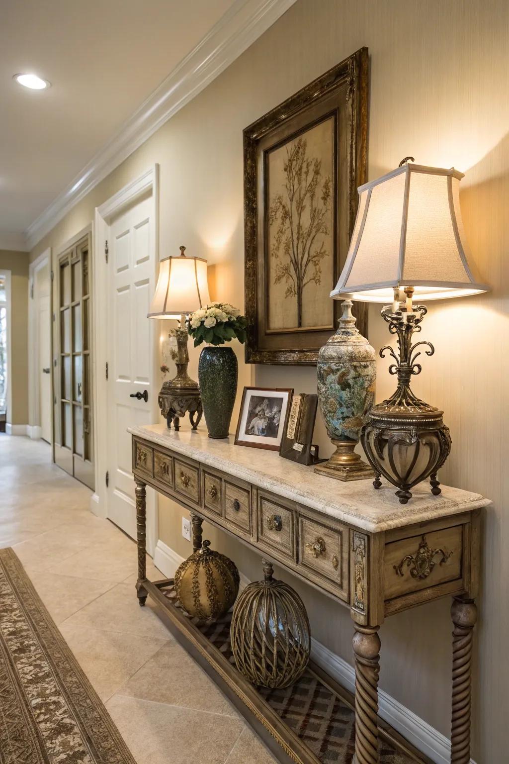 Antique pieces infuse your hallway decor with charm and history.