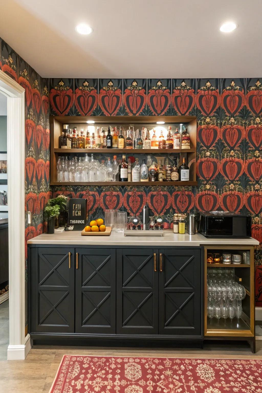 Eye-catching wallpaper can turn your bar area into a striking feature.