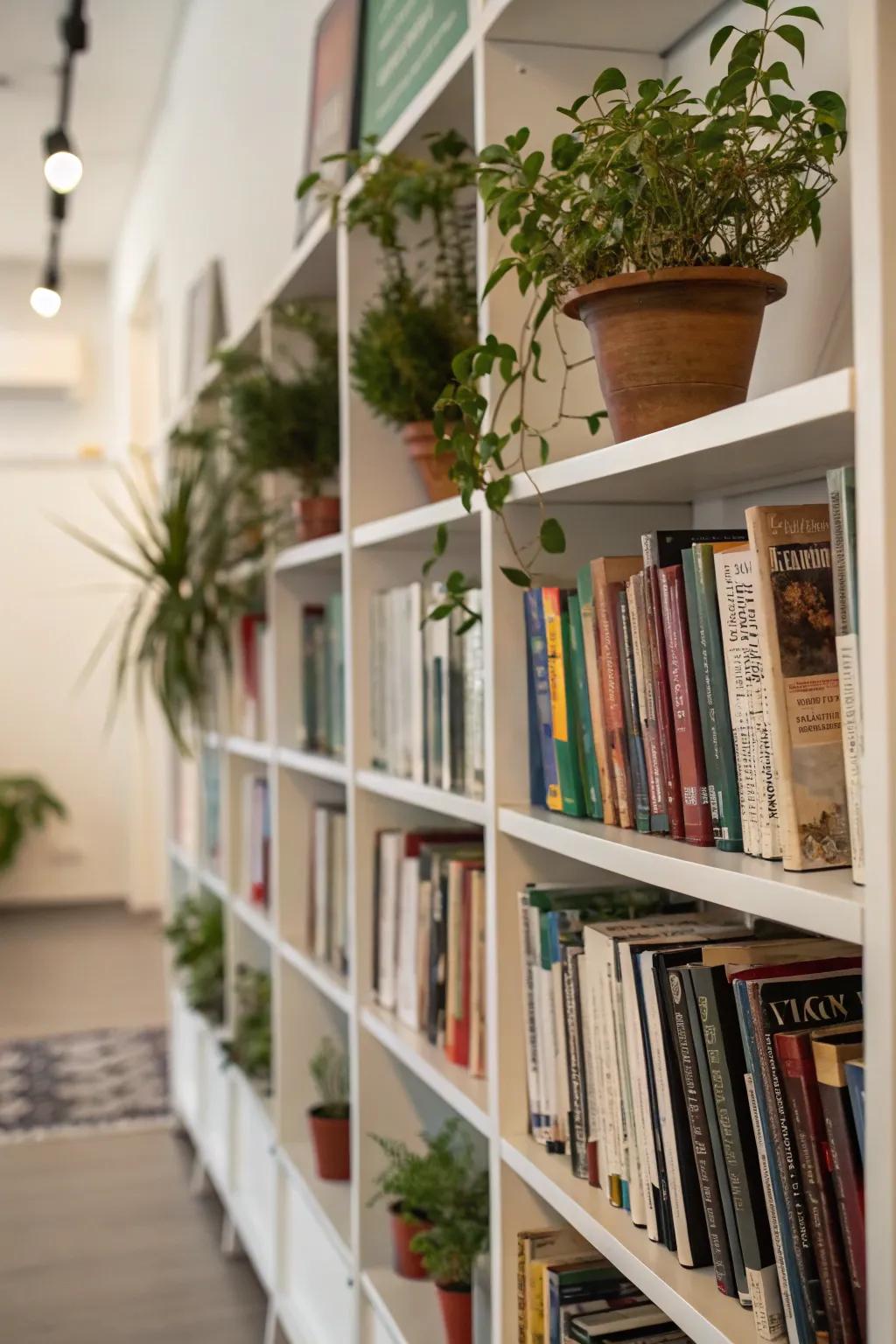 Plants enhance your book collection with a fresh and vibrant touch.