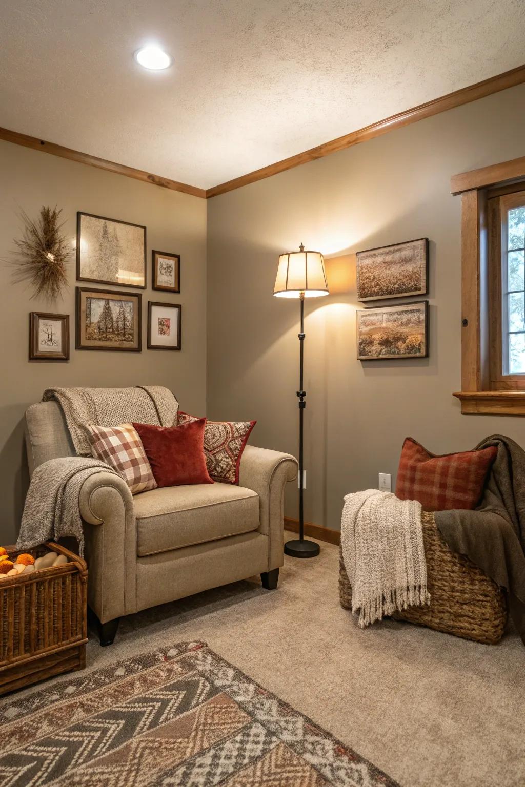 A small living room featuring taupe walls to create a cozy atmosphere.