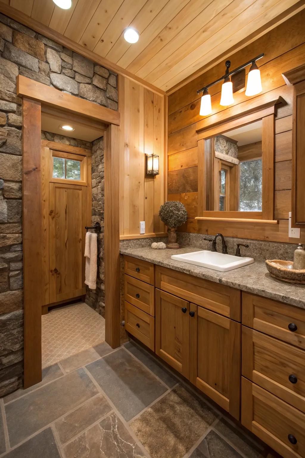 Natural accents add warmth and texture to small bathrooms.