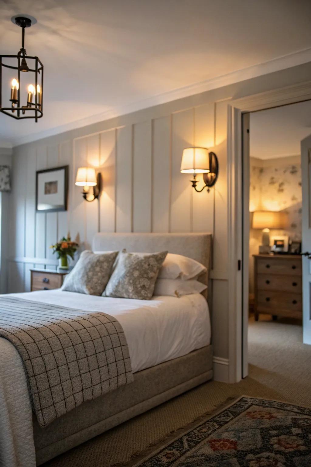 Wall lights offer ambient lighting in a small master bedroom.