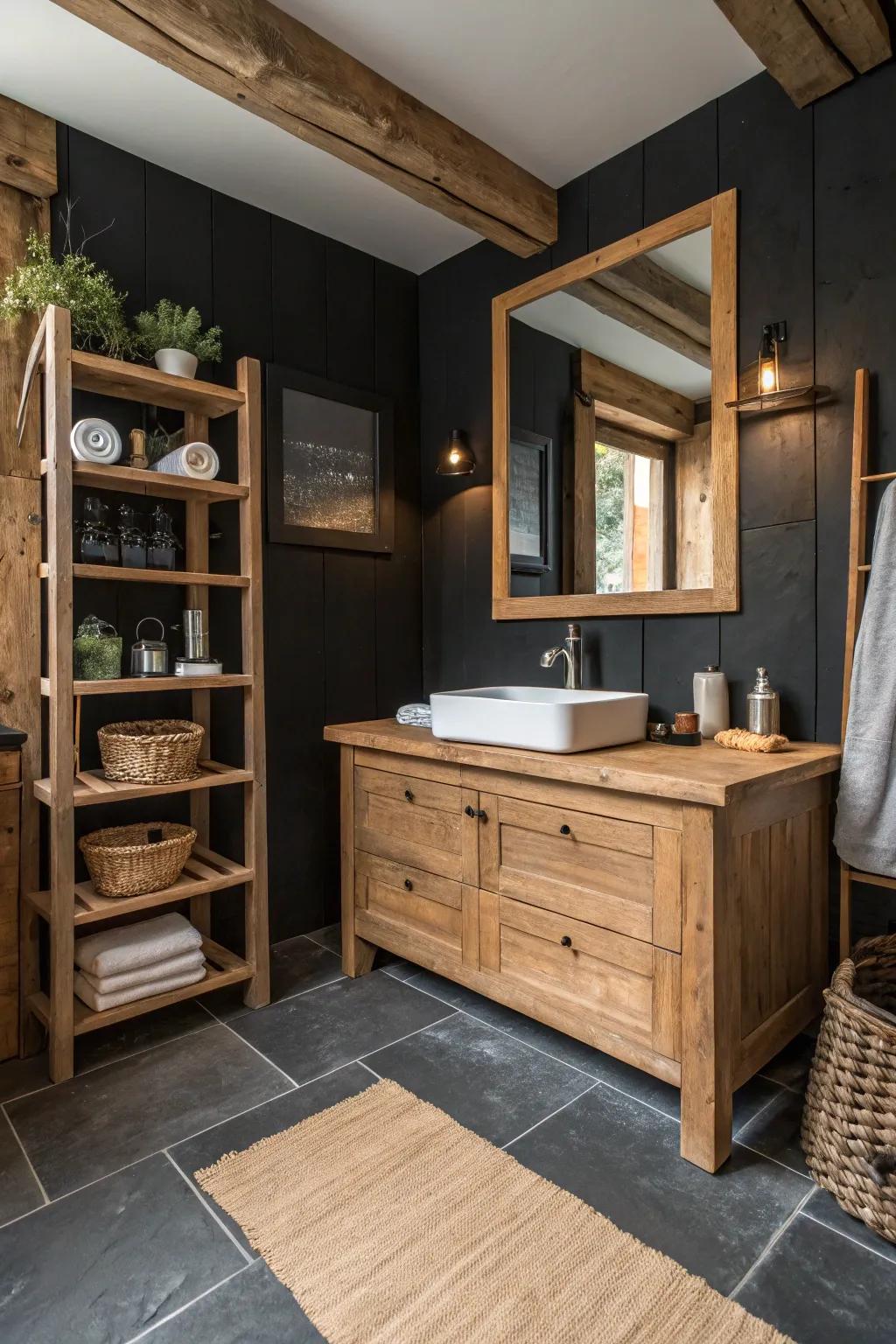 Bold colors add drama to a country bathroom.
