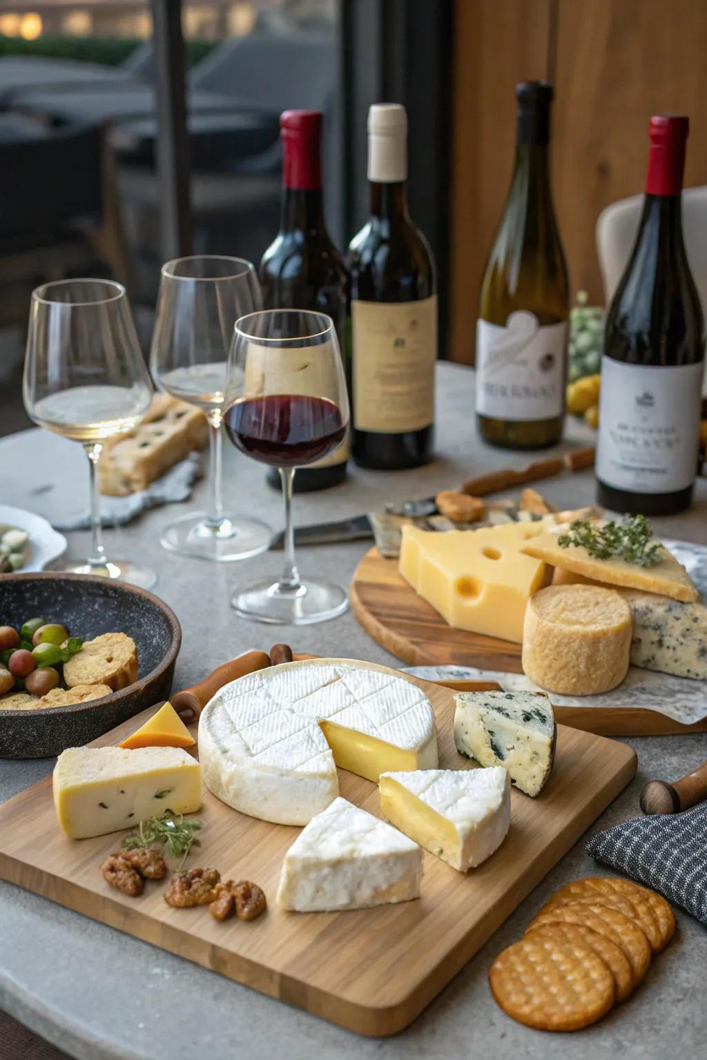 A grape and cheese tasting arrangement with assorted cheeses and wines.