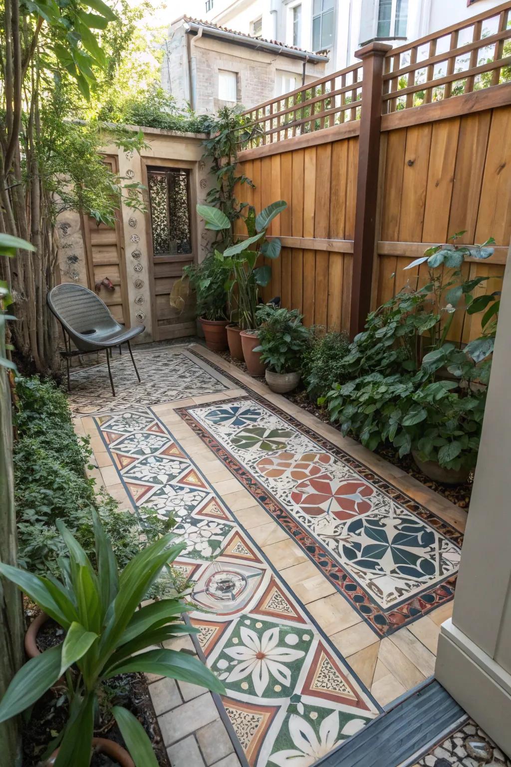 A small patio enhanced by visually striking patterned floor coverings.
