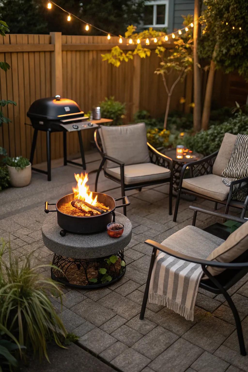 Fire pit tables add warmth and ambiance.