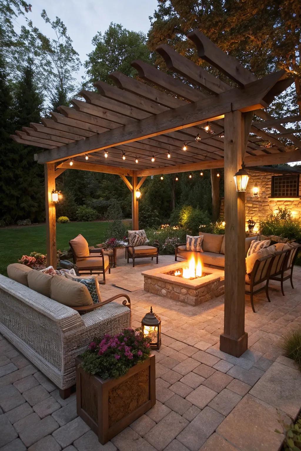 A brazier under a pergola creates a welcoming gathering spot on a small patio.